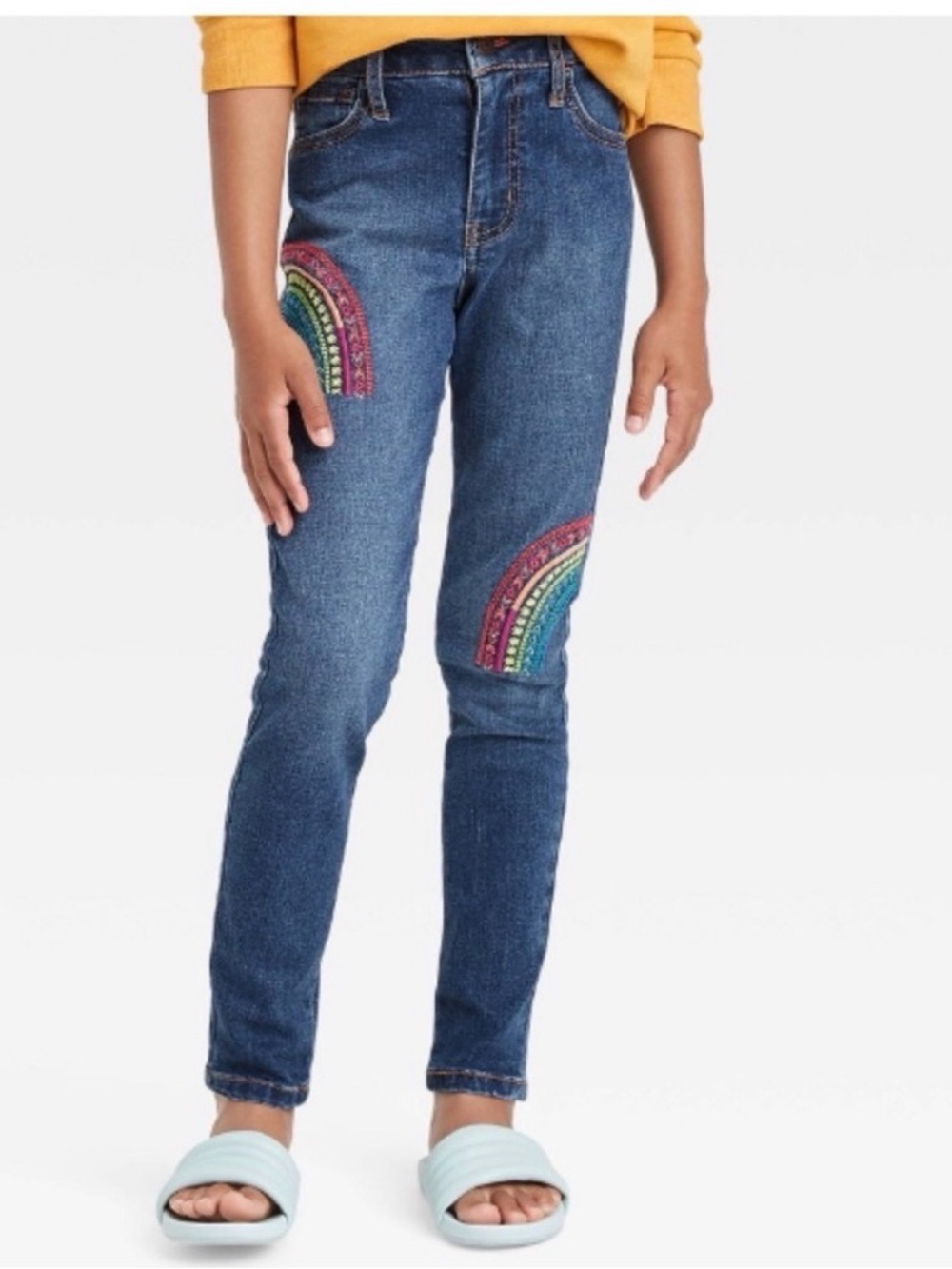 Cat & Jack Blue Skinny Jeans with Rainbow Knee Embroidery